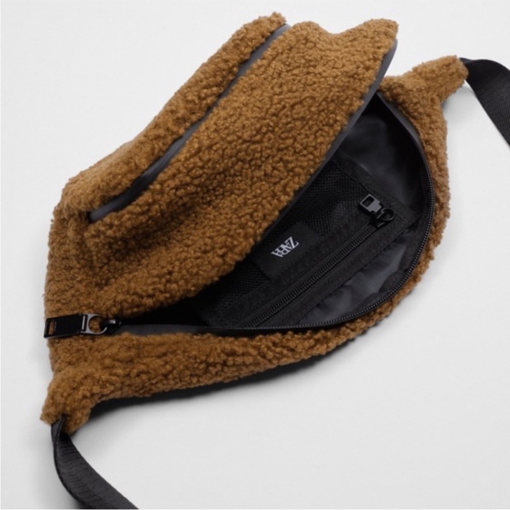 Zara Camel Brown Faux Shearling Belt Bag like new